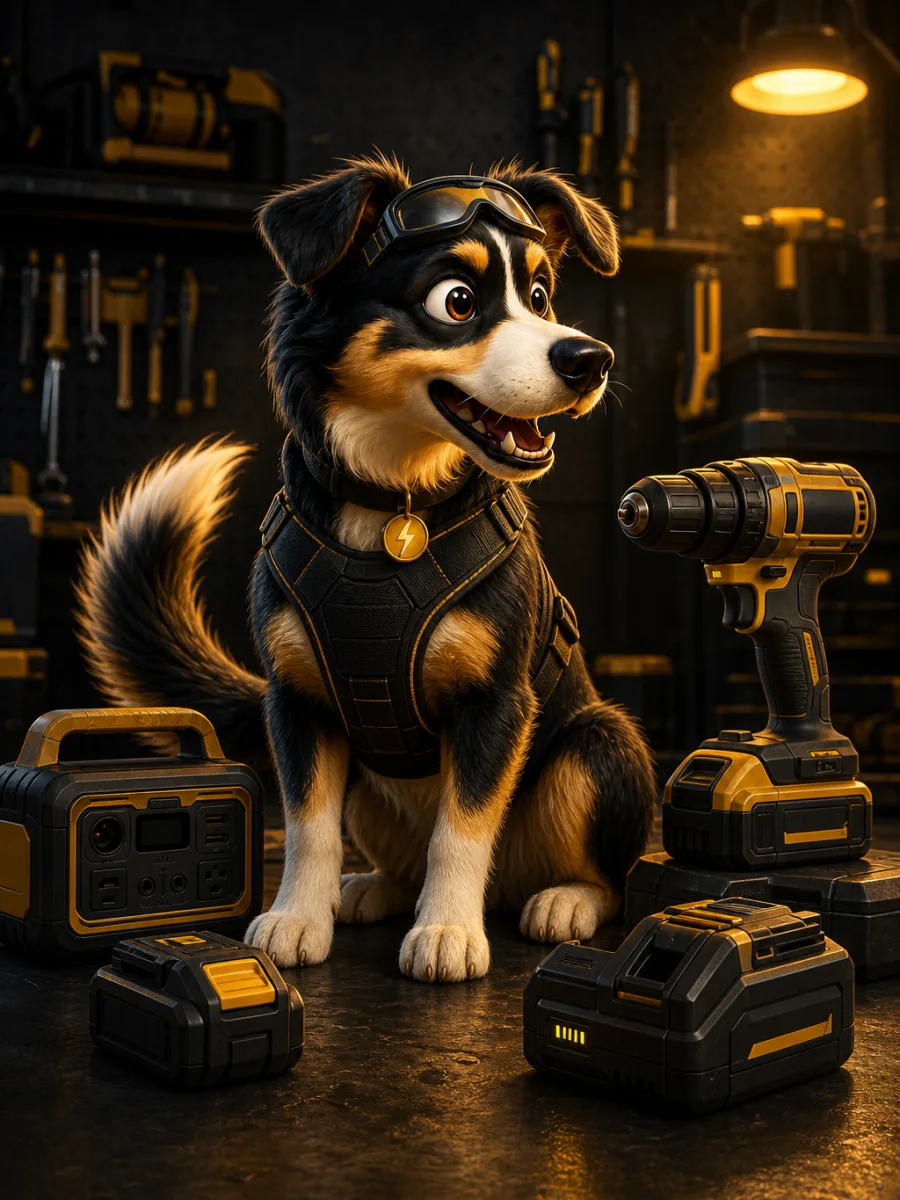 WattDog in a utility harness among battery packs, a drill, and portable power equipment.