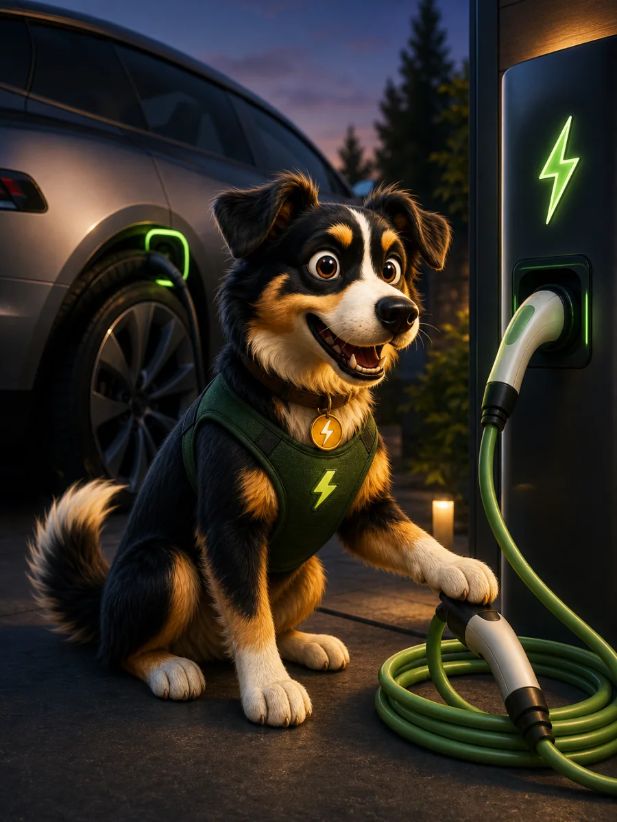 WattDog in a green charging harness beside an electric car and home charger.