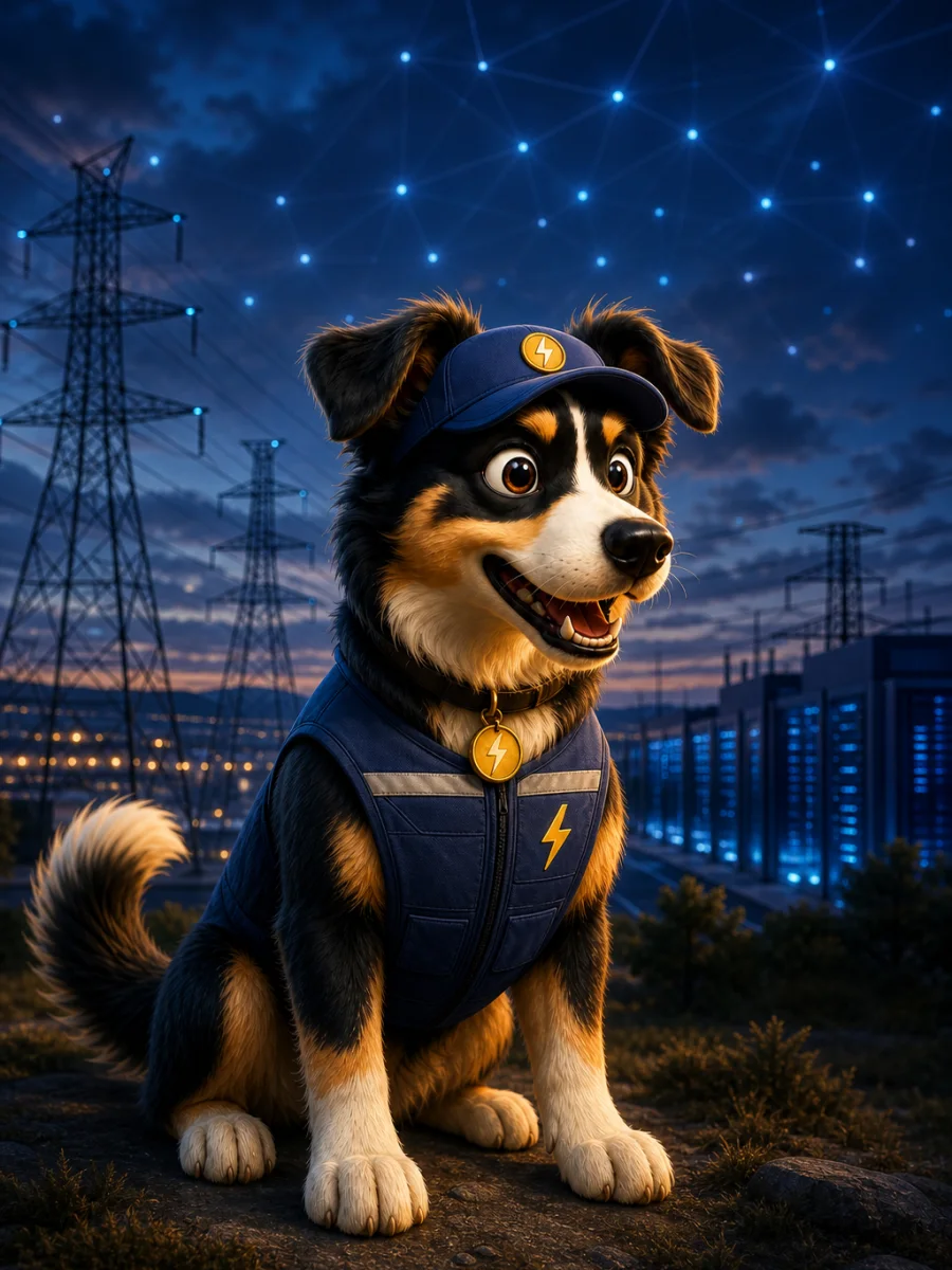 WattDog in a blue utility vest overlooking transmission towers and a power data network.