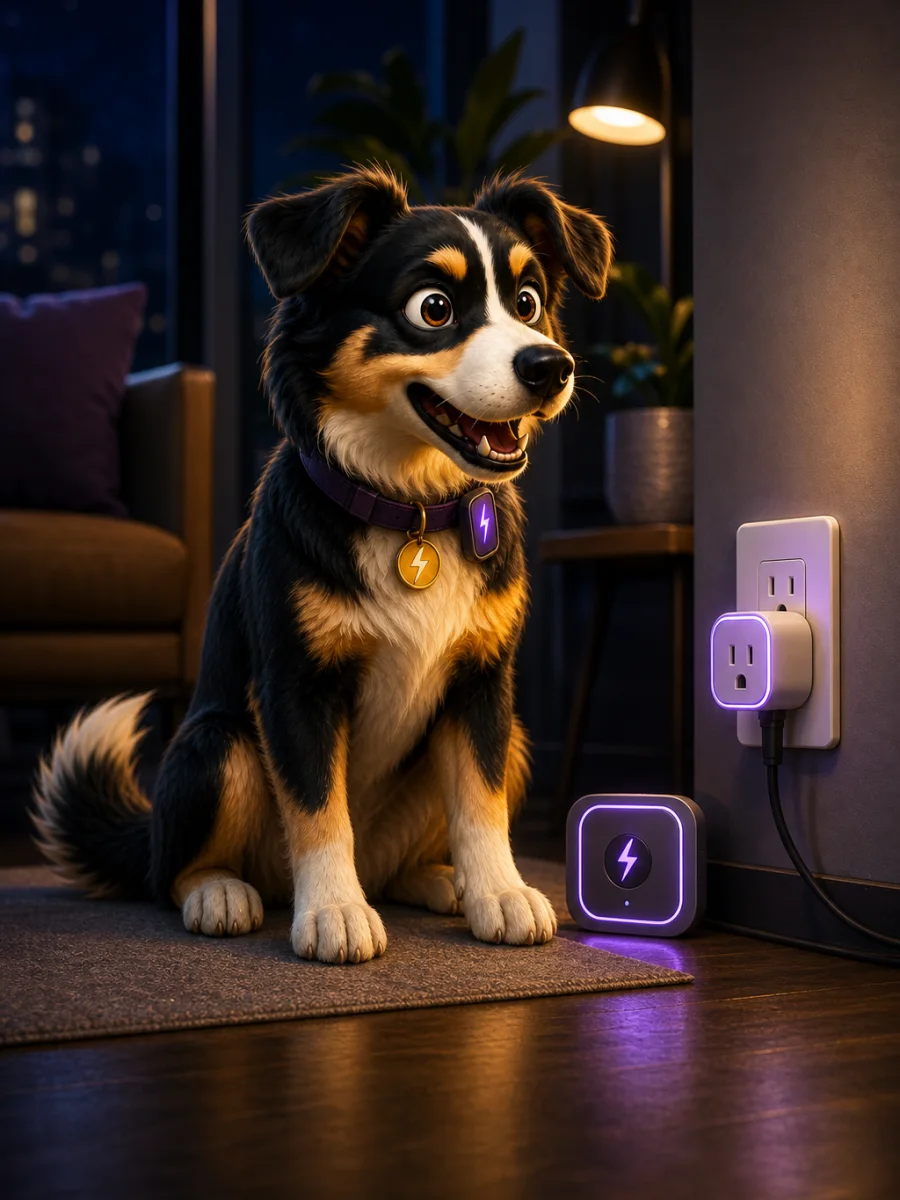 WattDog wearing a purple smart collar beside a connected wall plug and energy sensor.