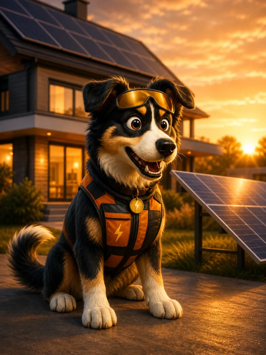 WattDog in orange solar gear outside a modern home with solar panels.